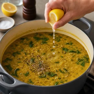 Sumo de limao fresco sal marinho e pimenta preta adicionados a sopa de lentilhas e espinafre