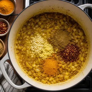 Alho gengibre curcuma coentro e flocos de malagueta a abrir aroma com cebola na panela