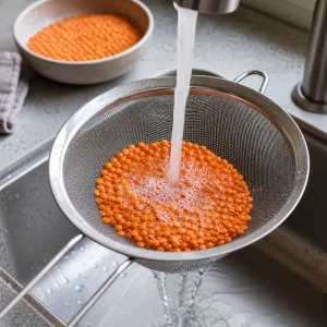 Lentilhas vermelhas lavadas numa peneira fina sob agua fria
