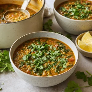 Sopa vegana de dal de lentilhas e espinafre servida em tigelas com coentro fresco