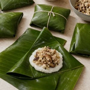 Bananenblatt-Paeckchen werden fest um die vegetarische Banh-Gio-Fuellung gefaltet