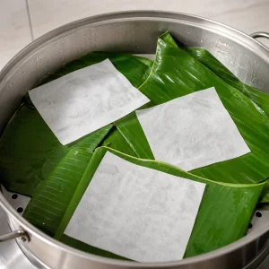 Bananenblaetter werden weich gemacht und mit Backpapier fuer vegetarisches Banh Gio ausgelegt