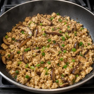 Pilz-Tofu-Fuellung koechelt mit Sojasauce, Bruehe und Fruehlingszwiebeln