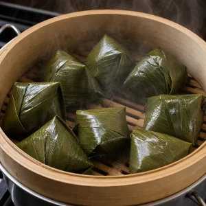 Vegetarische Banh-Gio-Paeckchen daempfen im Korb bis sie glaenzen und fest sind