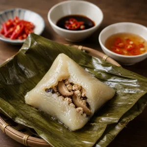 Warmes vegetarisches Banh Gio ausgewickelt mit Chilis und Dip