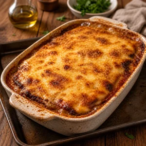 Baked moussaka with a golden bubbling top