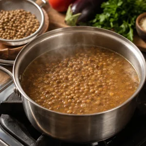 Brown lentils simmering in vegetable broth
