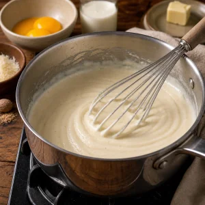Creamy bechamel sauce whisked in a saucepan