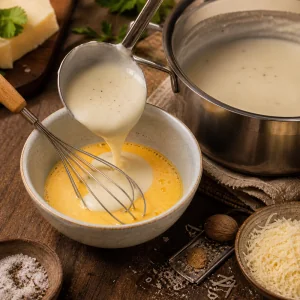 Hot bechamel poured into beaten egg yolks