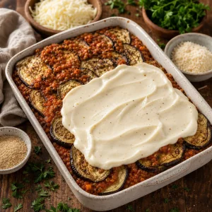 Layered eggplant moussaka topped with bechamel