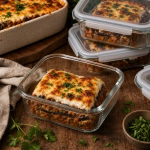 Moussaka portions packed in glass storage containers