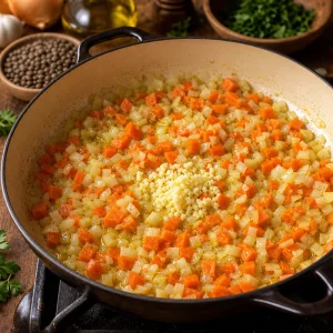Onion, carrot, and garlic softening in a skillet