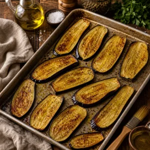 Roasted eggplant slices on a baking tray