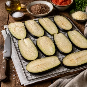 Salted eggplant slices resting on a rack