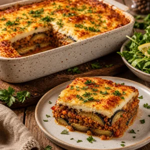 Sliced eggplant moussaka showing set layers