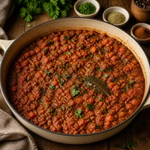 Thick tomato lentil ragu simmering with herbs