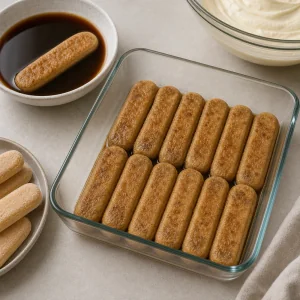 Coffee-Amaretto dipped ladyfingers arranged in a single layer in a glass dish.
