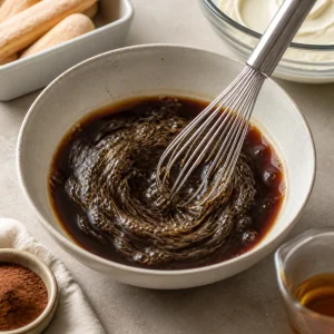 Espresso and Amaretto whisked together in a shallow bowl for tiramisu.