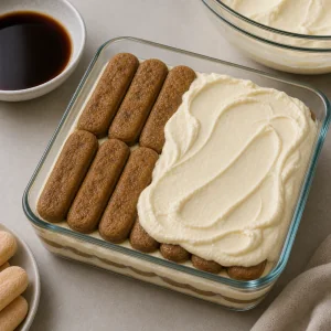 Second layer of dipped ladyfingers topped with remaining mascarpone cream.