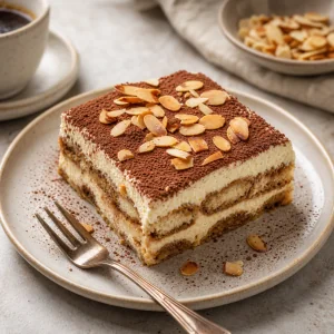Velvety amaretto tiramisu topped with cocoa powder and toasted sliced almonds.