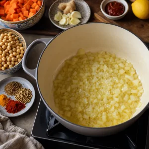Gehackte Zwiebeln braten in Olivenöl für marokkanische Karotten-Kichererbsen-Suppe