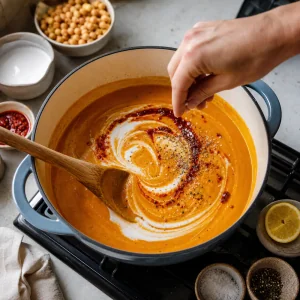Kokosmilch, Harissa und Zitrone werden in glatte Karotten-Kichererbsen-Suppe geruehrt