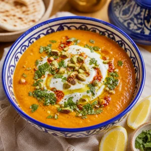 Fertige marokkanische Karotten-Kichererbsen-Suppe mit Joghurt, Koriander, Pistazien und Zitrone