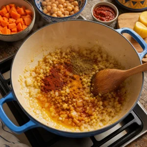 Knoblauch, Ingwer und marokkanische Gewuerze entfalten sich mit weichen Zwiebeln im Topf