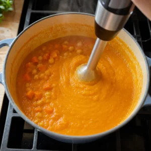 Ein Stabmixer pueriert Karotten-Kichererbsen-Suppe zu einer seidigen orangen Textur
