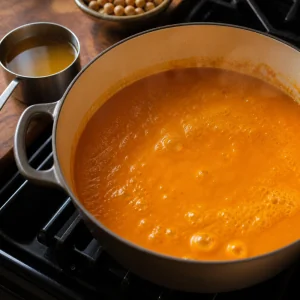 Glatte marokkanische Karotten-Kichererbsen-Suppe koechelt sanft mit extra Bruehe daneben