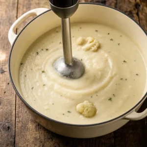 Cremige Blumenkohlsuppe wird im Topf püriert