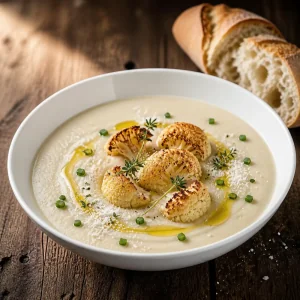 Fertige Blumenkohlsuppe mit Öl, Schnittlauch und Brot