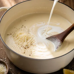 Milch und Parmesan werden in glatte Blumenkohlsuppe gerührt