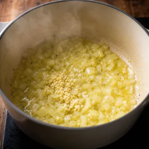 Zwiebel und Knoblauch dünsten in Butter und Olivenöl