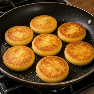 Arepas searing in a skillet until golden