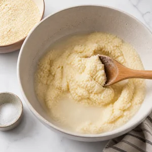 Cornmeal being stirred into warm salted water for arepa dough
