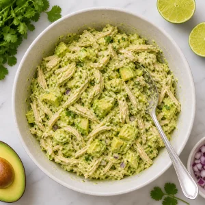 Creamy chicken and avocado filling mixed in a bowl