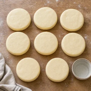 Eight shaped arepa dough disks on the work surface