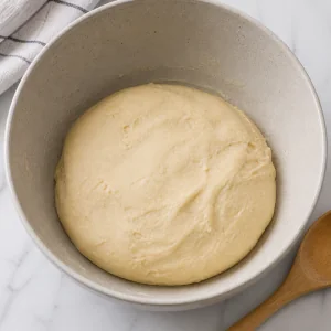 Smooth arepa dough resting in a mixing bowl