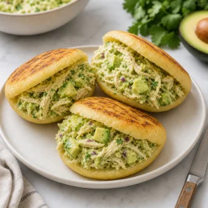 Split arepas stuffed with creamy chicken avocado filling