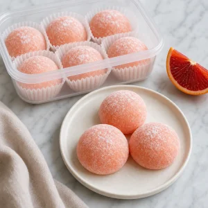 Finished blood orange mochi arranged in an airtight container and on a serving plate.