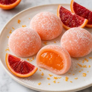 Finished blood orange mochi with glossy citrus curd filling and fresh orange wedges.