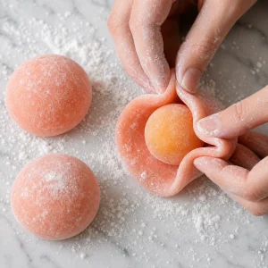 Frozen citrus curd ball placed in a mochi dough circle while the edges are sealed.