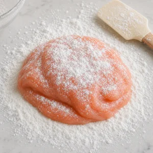 Hot pink-orange mochi dough turned onto a cornstarch-dusted work surface.