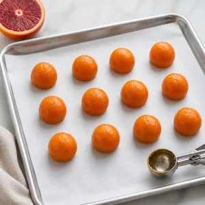 Small blood orange curd balls scooped onto parchment before freezing.