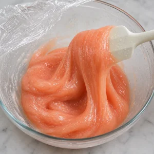 Translucent sticky pink-orange mochi dough stretched from a spatula after microwaving.