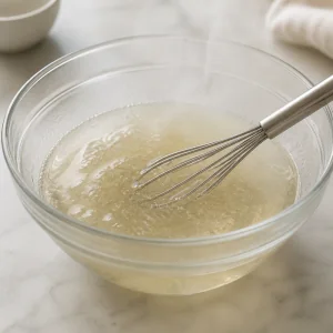 Clear gelatin mixture being stirred until smooth in a glass bowl