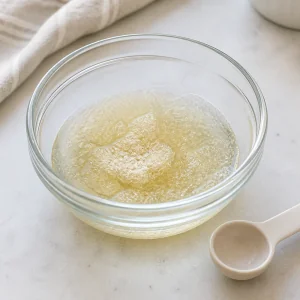 Unflavored gelatin blooming over cold water in a glass bowl