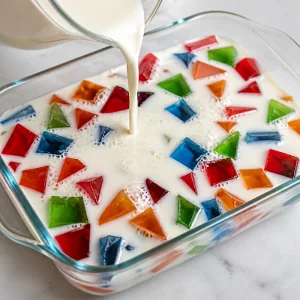 White cream gelatin poured over colorful cubes in a glass baking dish