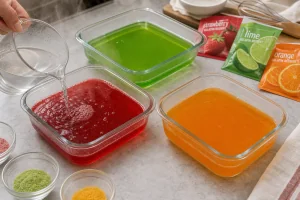 Colored gelatin poured into separate shallow containers to set